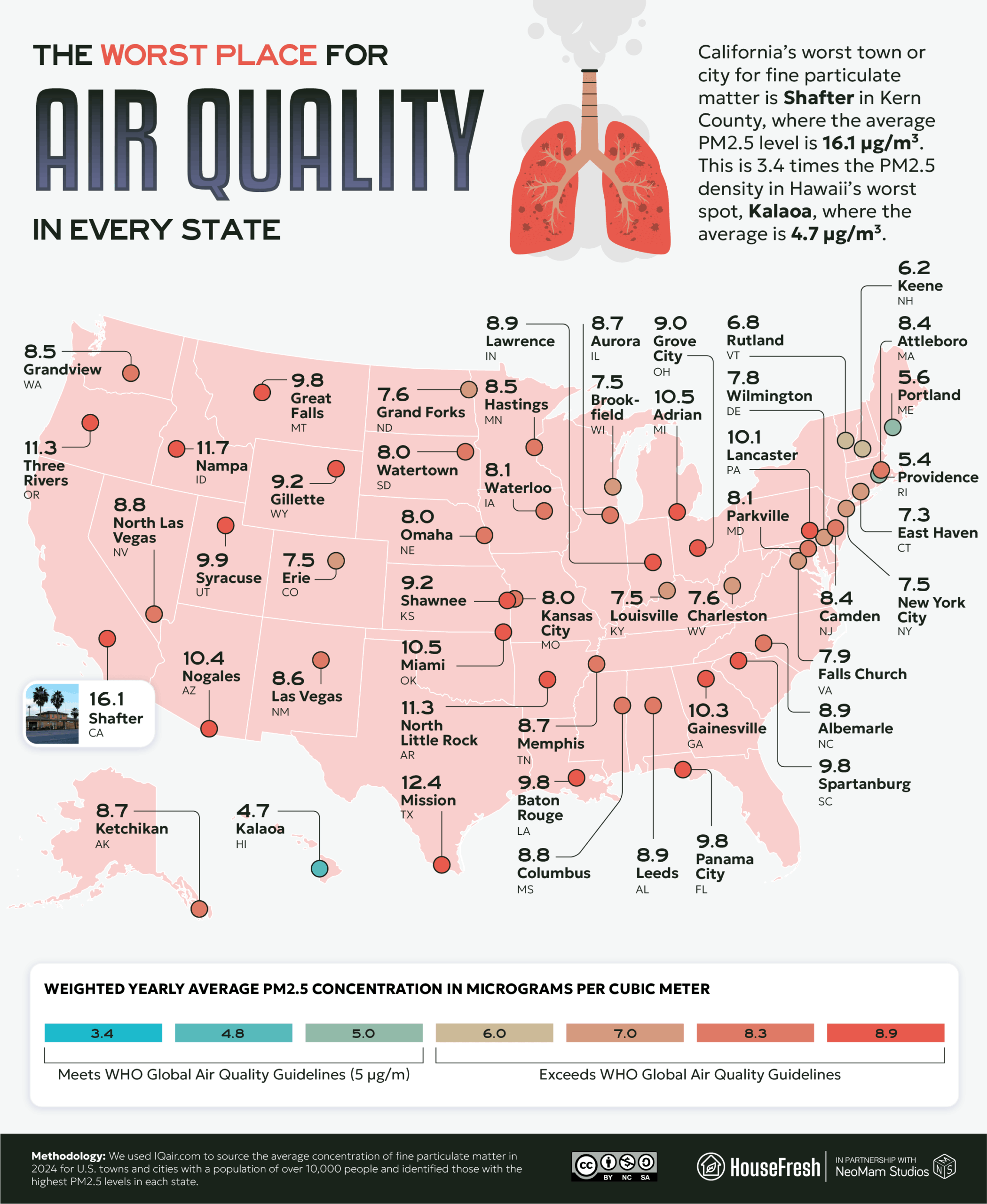 Map of the U.S. showing the most polluted city or town in every state, based on annual average PM2.5 concentration